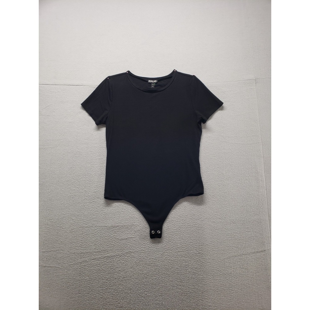 Express Women Bodysuit M Black Short Sleeve Round Neck Snap Closure Stretch